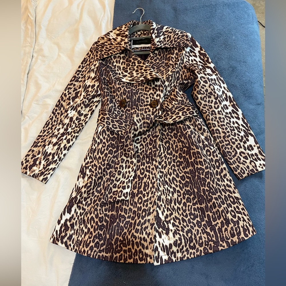 Elie Tahari Coture satin leopard trench coat